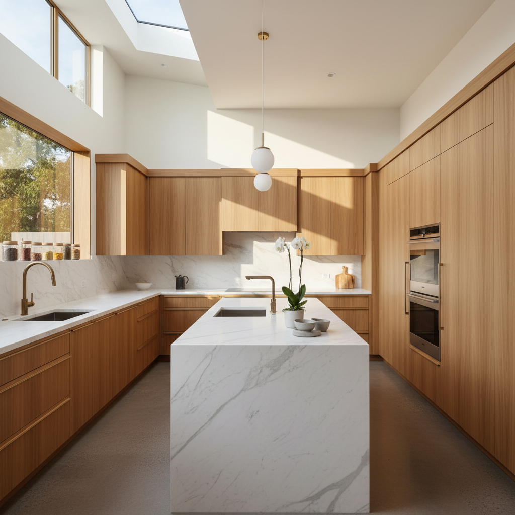 Bright upscale kitchen with integrated appliances