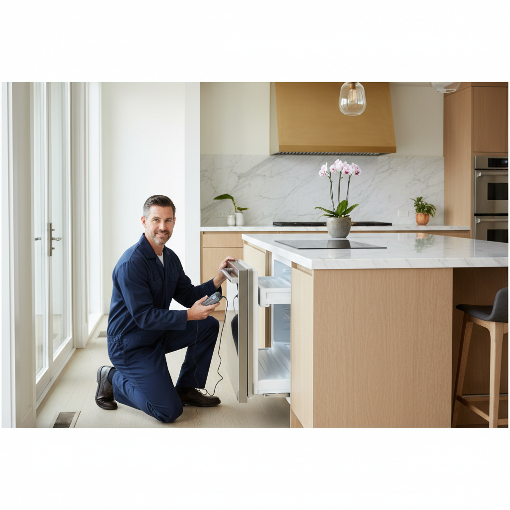 Professional appliance repair technician inspecting a built-in refrigerator